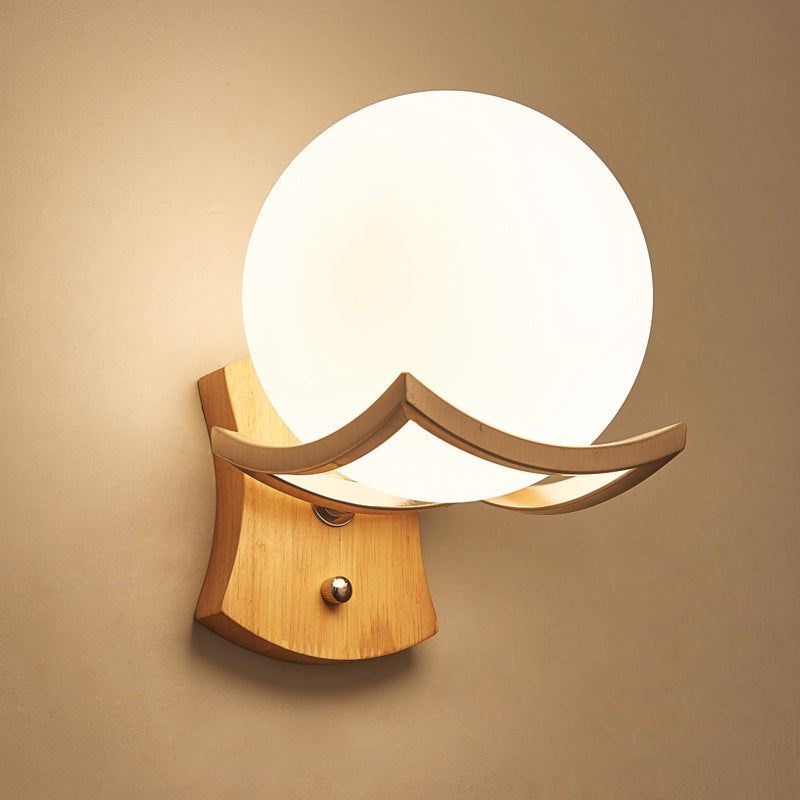 Modern Wood Stairway Wall Lamp With Opal Glass Shade