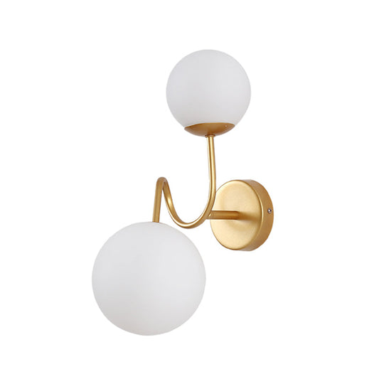 Contemporary Gold Metal Wall Sconce With Curved Arms 2 Heads And White Glass Shade