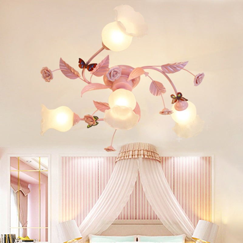 Satin Opal Glass Semi Flush Mount Ceiling Light Fixture - Traditional Pink | 4/7 Bulbs Ideal For