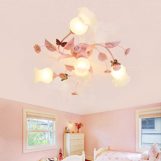 Satin Opal Glass Semi Flush Mount Ceiling Light Fixture - Traditional Pink | 4/7 Bulbs Ideal For