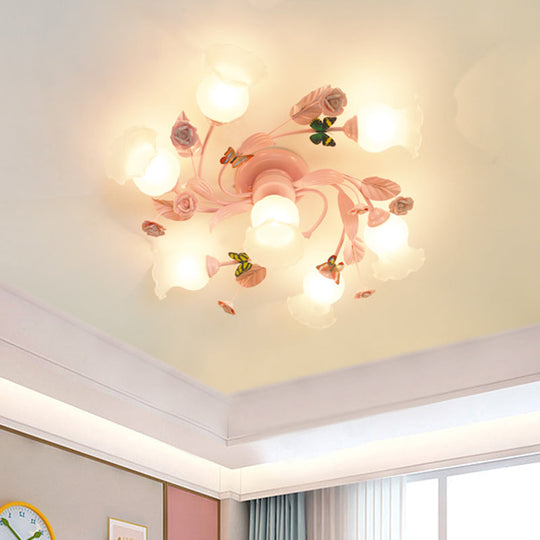 Satin Opal Glass Semi Flush Mount Ceiling Light Fixture - Traditional Pink | 4/7 Bulbs Ideal For