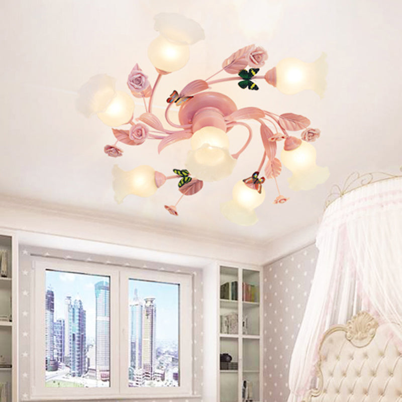 Semi Flush Mount Spiral Ceiling Light Fixture with 4/7 Bulbs, Traditional Pink Satin Opal Glass, Ideal for Bedroom Lighting