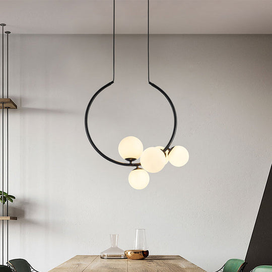 5-Bulb Orb Chandelier With Milky Glass Shade: Modern Ceiling Light In White/Black