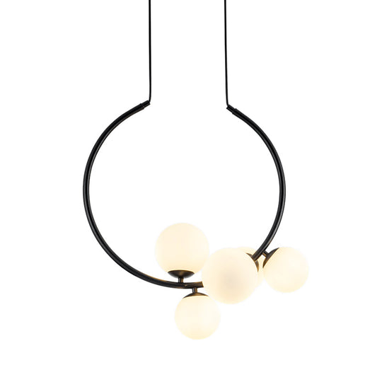 Contemporary 5-Bulb Chandelier - White/Black Orb Ceiling Lamp with Milky Glass Shade