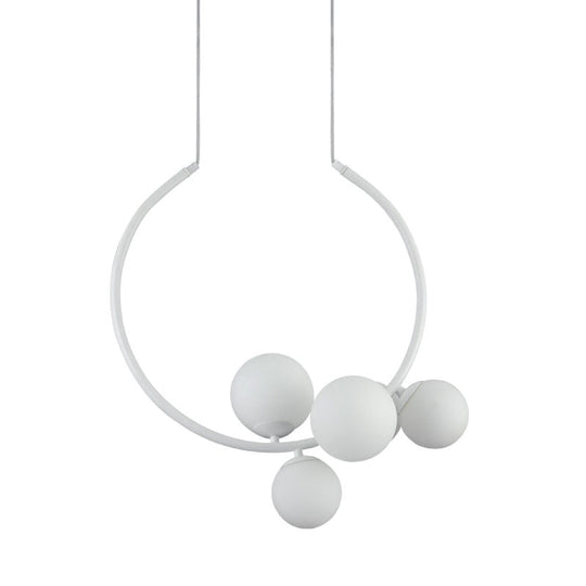 Contemporary 5-Bulb Chandelier - White/Black Orb Ceiling Lamp with Milky Glass Shade