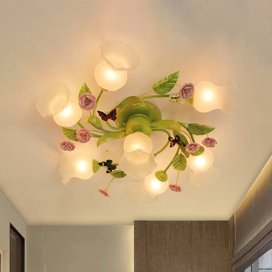 Green Opaque Glass Spiral Bedroom Ceiling Light Fixture - Semi-Flush Mount (4/7 Bulbs) - Traditional Design