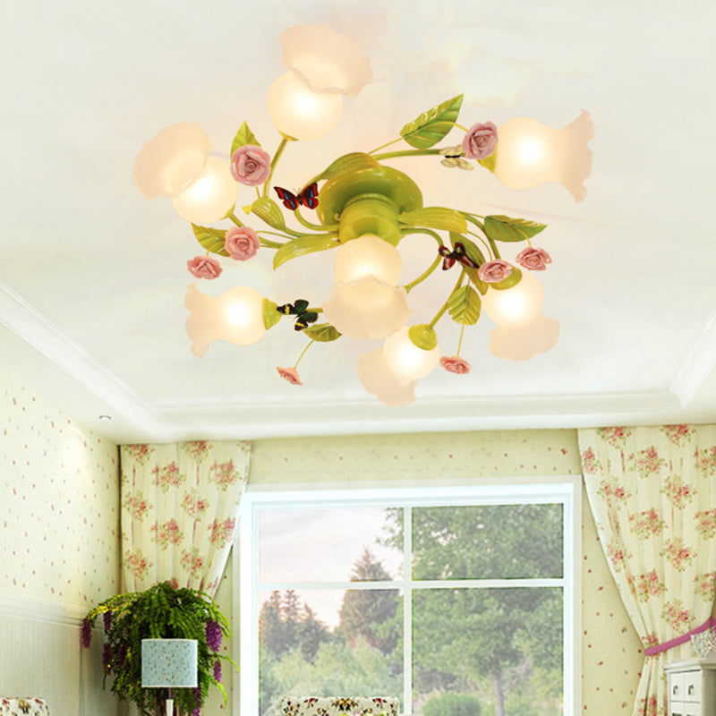 Green Opaque Glass Spiral Bedroom Ceiling Light Fixture - Semi-Flush Mount (4/7 Bulbs) - Traditional Design