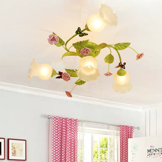 Semi-Flush Mount Bedroom Ceiling Light Fixture - Traditional Opaque Glass Spiral Design (4/7 Bulbs)