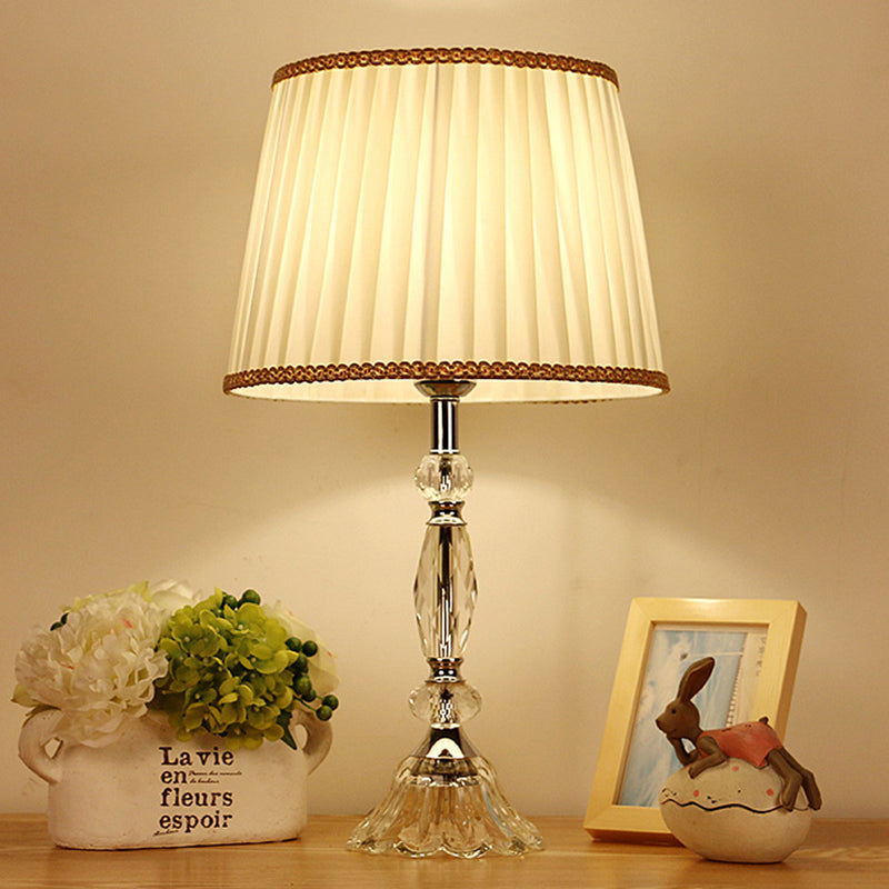 Traditional Crystal Base Table Lamp With Pleated Shade - White Fabric Night Light 1-Light