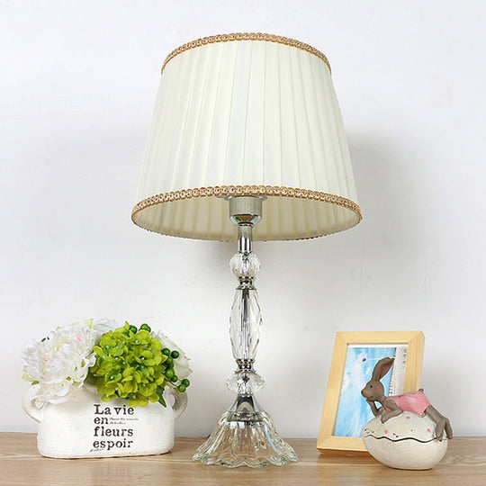 Traditional Crystal Base Table Lamp With Pleated Shade - White Fabric Night Light 1-Light