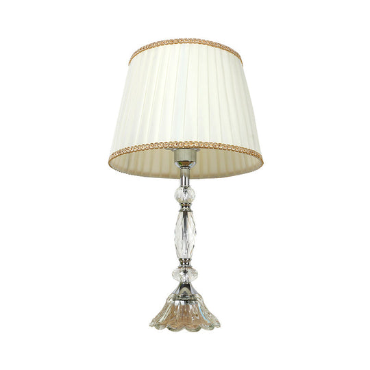 Traditional Crystal Base Table Lamp With Pleated Shade - White Fabric Night Light 1-Light