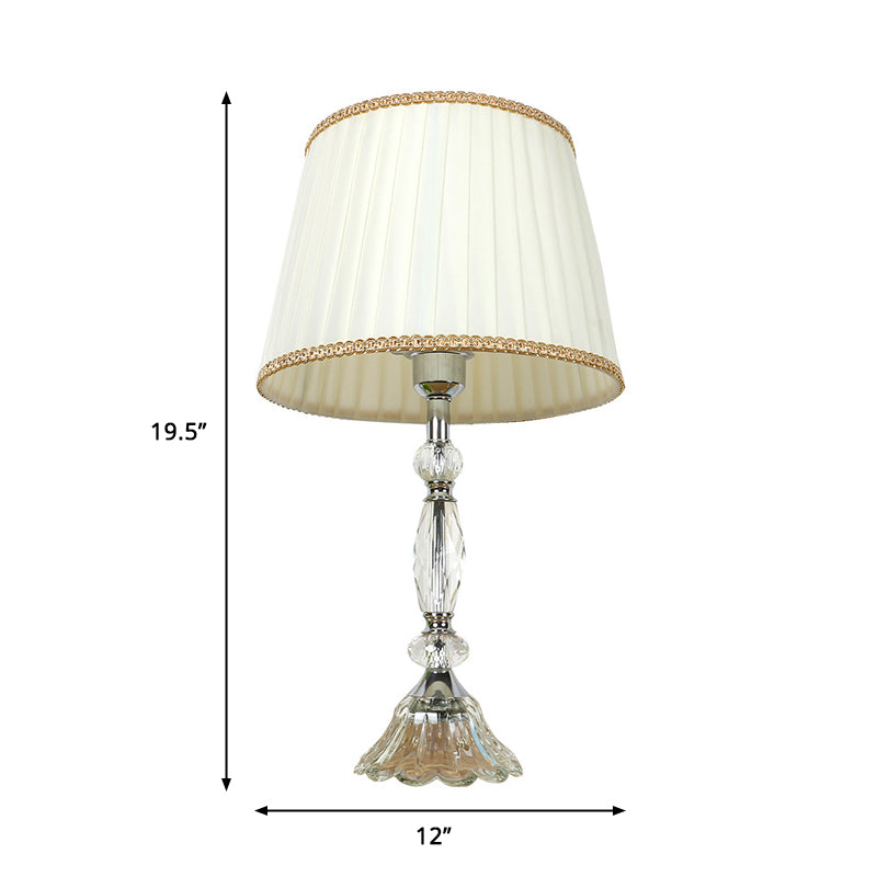 Traditional Crystal Base Table Lamp With Pleated Shade - White Fabric Night Light 1-Light