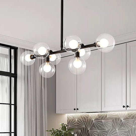 Contemporary Black Kitchen Island Lamp: Sleek 8-Head Hanging Light Kit With Clear Glass Shade