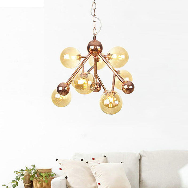 Sophisticated Amber Glass Spherical Chandelier - Modern 9-Head Ceiling Suspension Lamp For Living