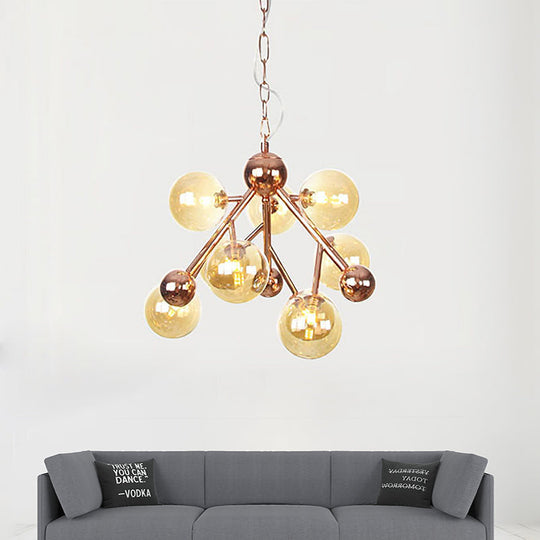 Sophisticated Amber Glass Spherical Chandelier - Modern 9-Head Ceiling Suspension Lamp For Living