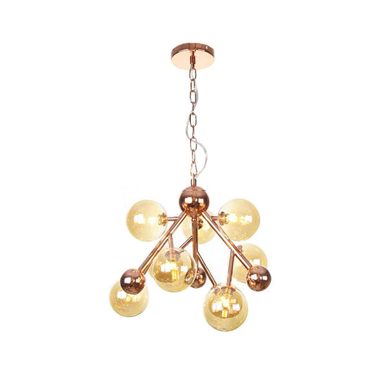 Sophisticated Amber Glass Spherical Chandelier - Modern 9-Head Ceiling Suspension Lamp For Living