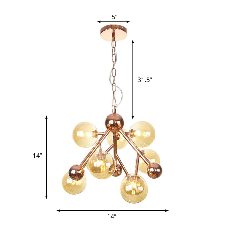 Sophisticated Amber Glass Spherical Chandelier - Modern 9-Head Ceiling Suspension Lamp For Living