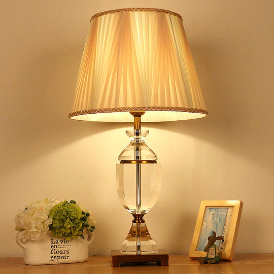 White Fabric Bedroom Nightstand Lamp With Crystal Base - Single Head Countryside Night Light