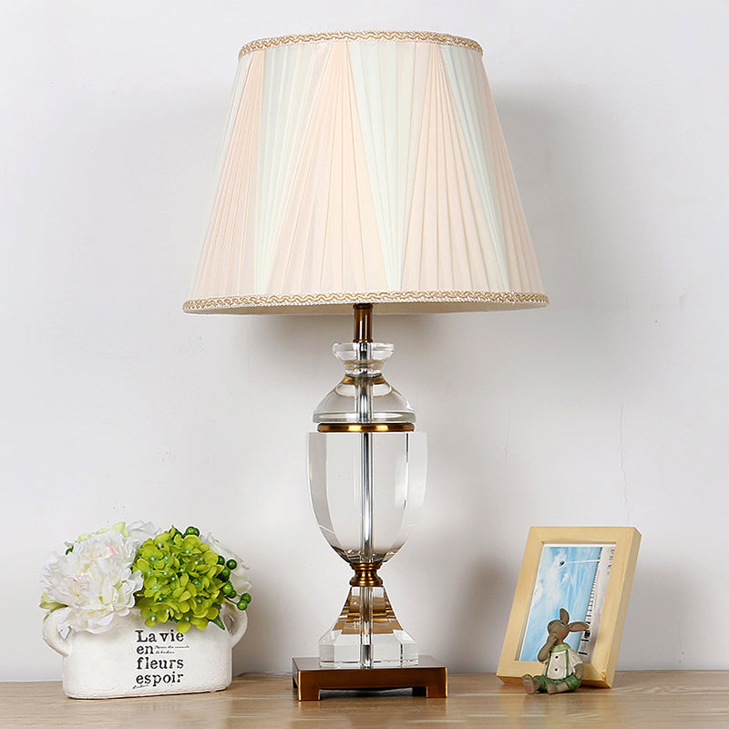 White Fabric Bedroom Nightstand Lamp With Crystal Base - Single Head Countryside Night Light