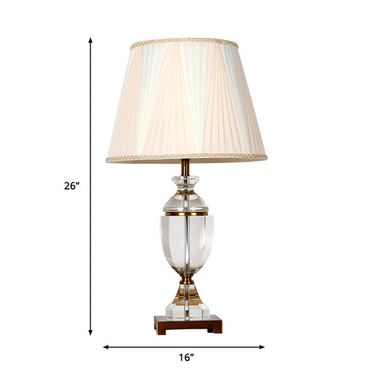 White Fabric Bedroom Nightstand Lamp With Crystal Base - Single Head Countryside Night Light