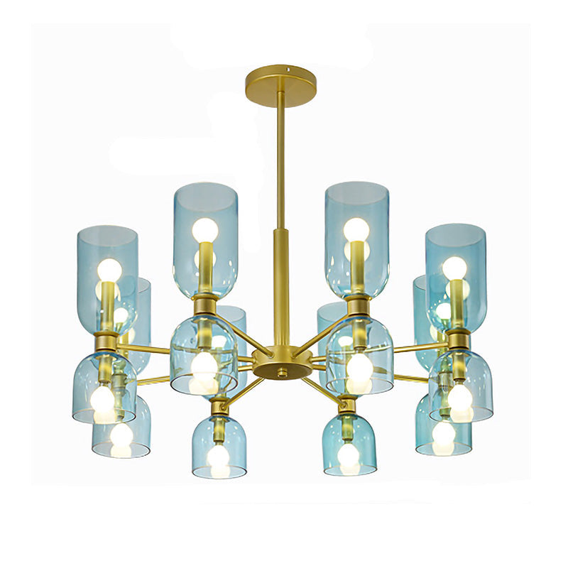 16-Head Modernist Chandelier Lamp in Black/Gold with Cylinder Pendant Light & Glass Shade (White/Blue)