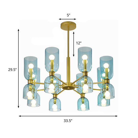 16-Head Modernist Chandelier Lamp in Black/Gold with Cylinder Pendant Light & Glass Shade (White/Blue)