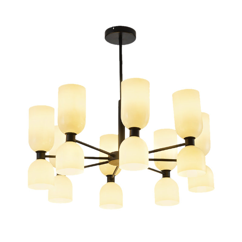 16-Head Modernist Chandelier Lamp in Black/Gold with Cylinder Pendant Light & Glass Shade (White/Blue)