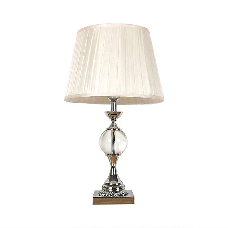 Rustic Table Lamp With Pleated Shade Fabric And Crystal Ball Deco - Bedroom Night Light In White