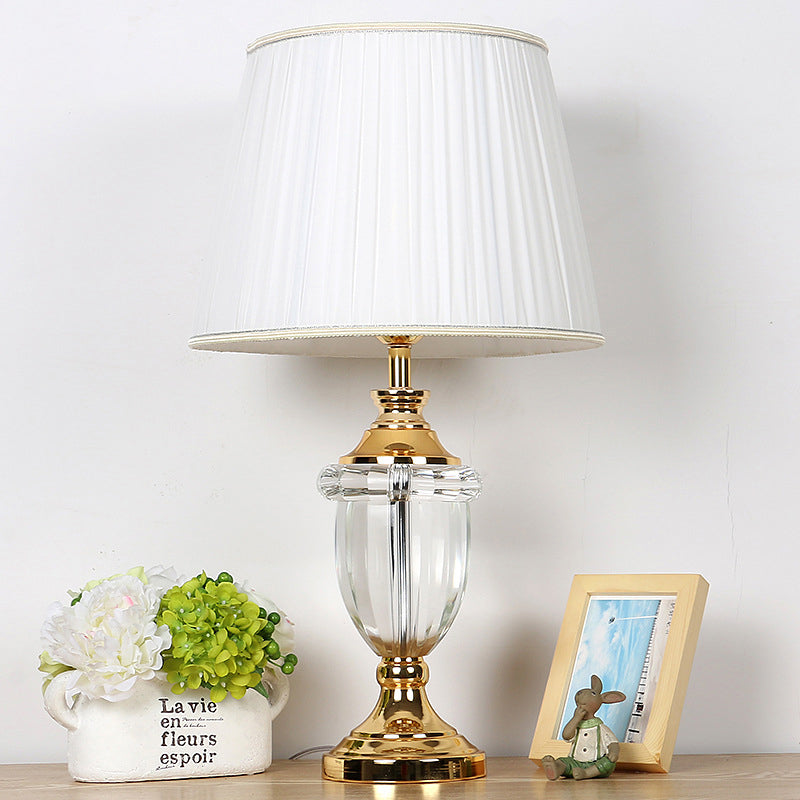 Pleated Lampshade White Nightstand Lamp With Crystal Deco - Stylish Table Light For Bedroom