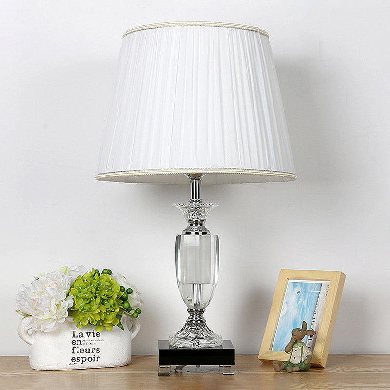 White Fabric Tapered Nightstand Lamp - Traditional Style With Crystal Base 1 Light Night