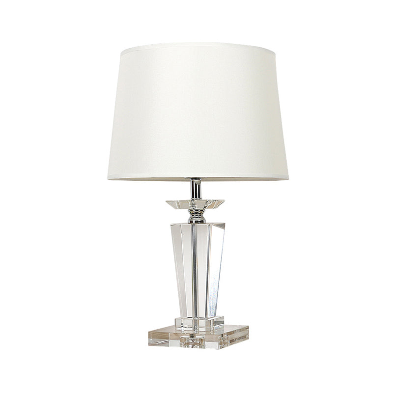 White Drum Nightstand Lamp - Traditional Fabric Bedside Table Light With Crystal Base