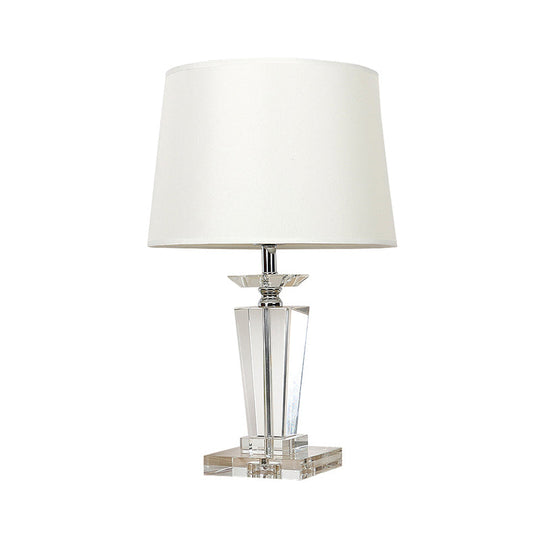 White Drum Nightstand Lamp - Traditional Fabric Bedside Table Light With Crystal Base