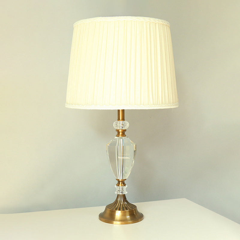 Beige Fabric Nightstand Lamp With Crystal Deco - Simple Pleated Shade Table Light