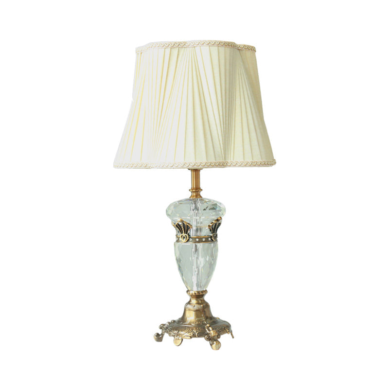 White Fabric Nightstand Lamp: Traditional Drum-Shaped Table Light With Crystal Deco - 1