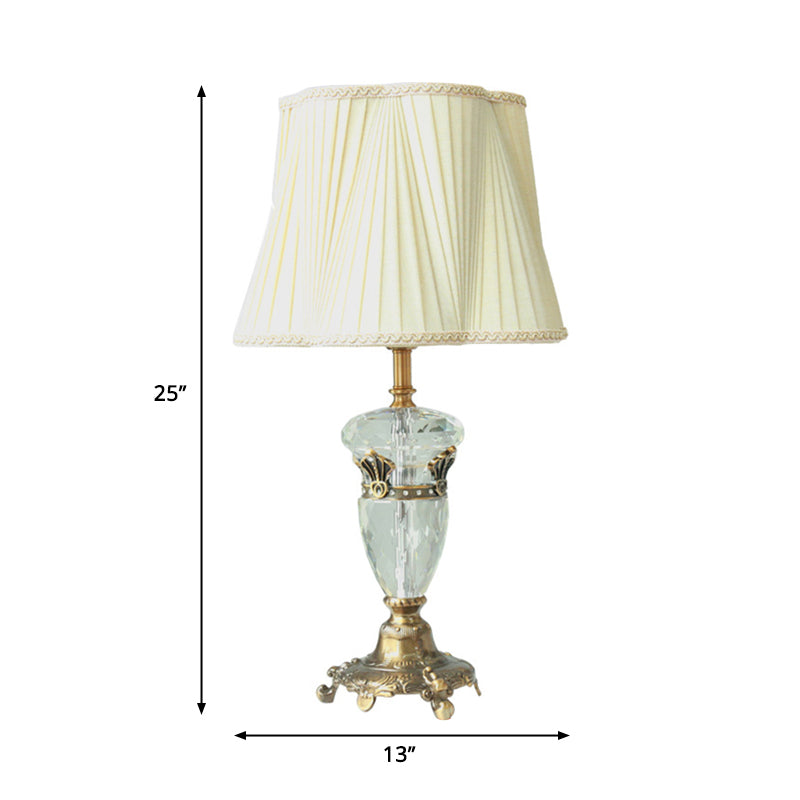 White Fabric Nightstand Lamp: Traditional Drum-Shaped Table Light With Crystal Deco - 1