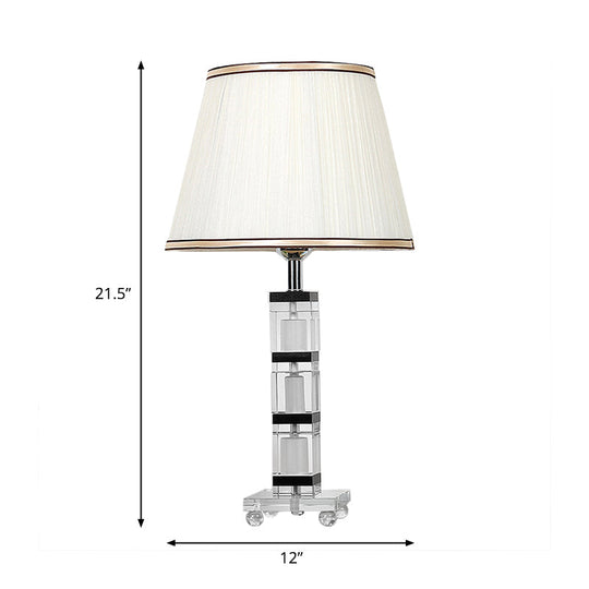 White Pleated Fabric Nightstand Lamp With Crystal Base - Simple & Elegant Table Light For Bedroom