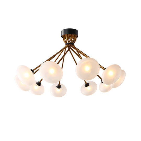 Modern Frosted Glass Circle Semi Flush Light - Black/Gold Ceiling Fixture (8/10 Bulbs)