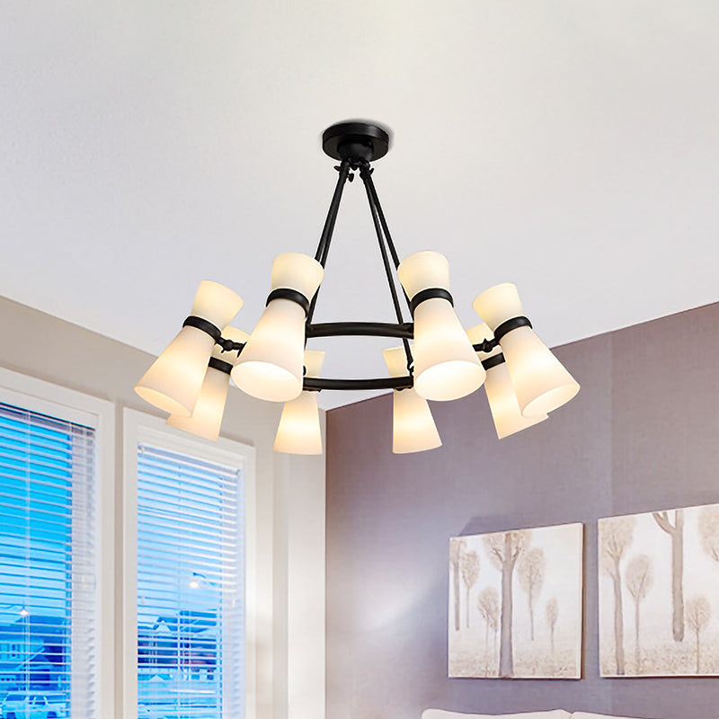 Modern Opal Glass Chandelier - Wide Flare, 16 Bulbs - Black/Gold Pendant Light Fixture