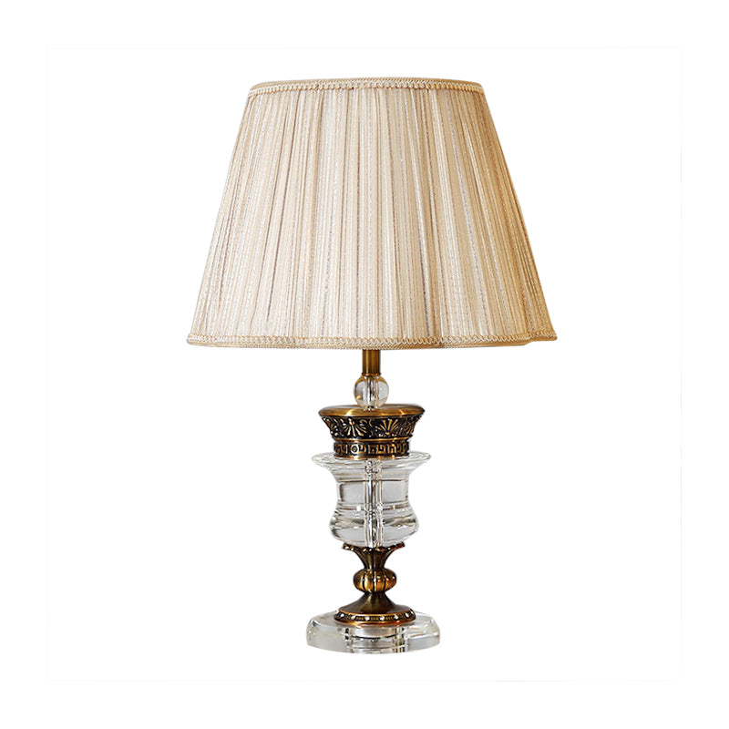 Beige Fabric Table Lamp With Crystal Base - Single Bulb Tapered Night Light Traditional Style