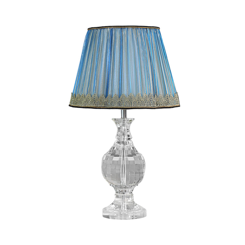 Minimalist Pleated Nightstand Lamp In Blue With Crystal Base - 1-Light Night Light Fabric Lampshade