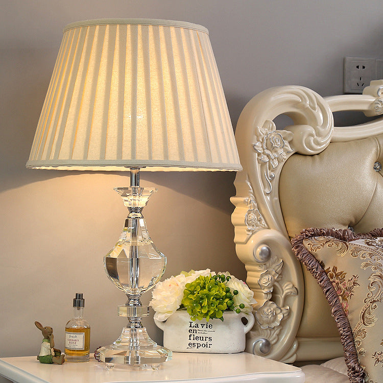 Simple White Fabric Table Lamp With Crystal Base - Perfect For Bedroom Nights