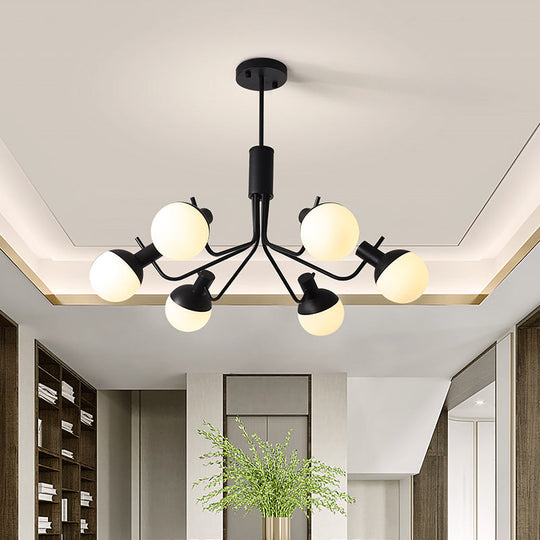 Contemporary White Glass Semi Flush Ceiling Lamp with Black Finish - 6/8 Head Sphere Design