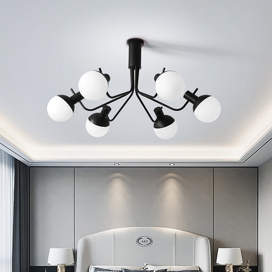 Contemporary White Glass Semi Flush Ceiling Lamp with Black Finish - 6/8 Head Sphere Design