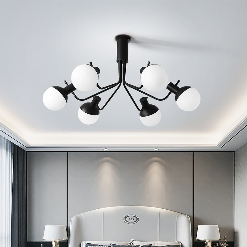 Contemporary White Glass Semi Flush Ceiling Lamp With Black Finish - 6/8 Head Sphere Design