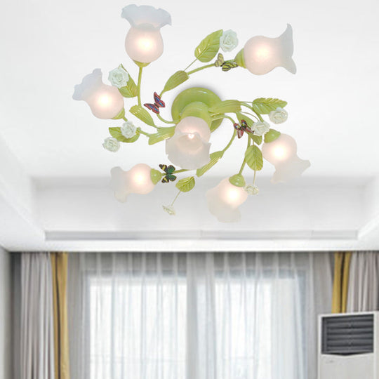 Semi Flush Mount Floral Chandelier for Bedroom - Green 7 Lights, Pastoral Design with Frosted Glass Ceiling Fixture