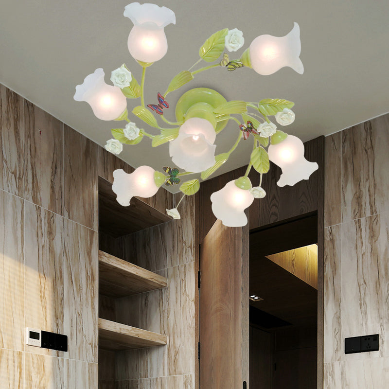 Semi Flush Mount Floral Chandelier for Bedroom - Green 7 Lights, Pastoral Design with Frosted Glass Ceiling Fixture