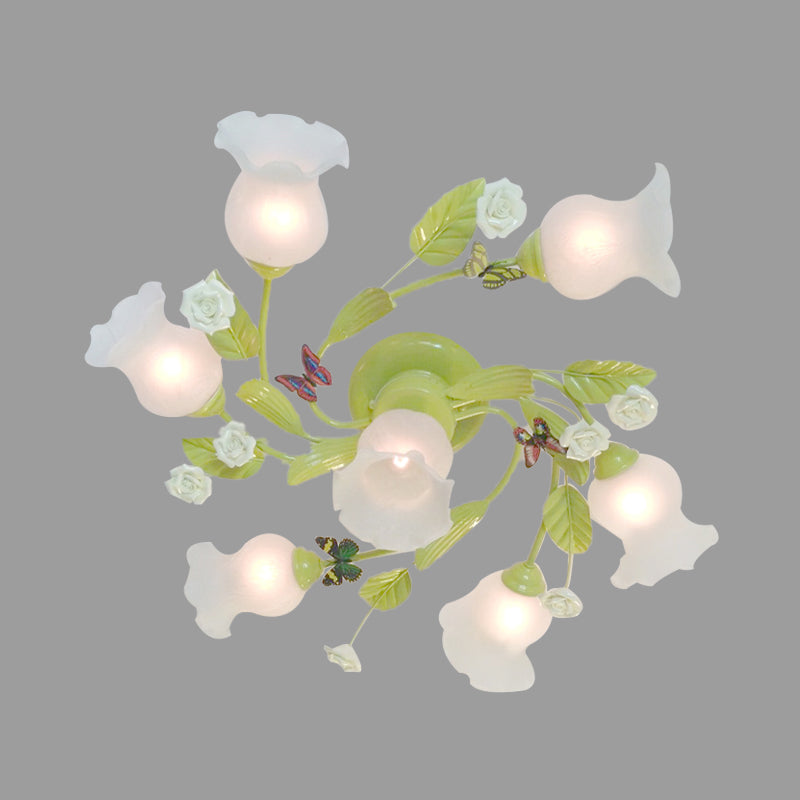 Semi Flush Mount Floral Chandelier for Bedroom - Green 7 Lights, Pastoral Design with Frosted Glass Ceiling Fixture