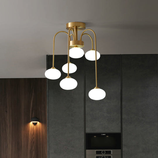 Modern Milky Glass Oval Semi Flush Gold Ceiling Mount Light Fixture with Metal Curvy Arm - 4/6 Heads