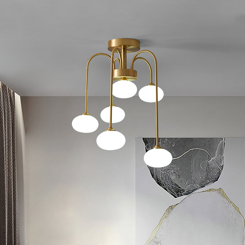 Modern Milky Glass Oval Semi Flush Gold Ceiling Mount Light Fixture with Metal Curvy Arm - 4/6 Heads