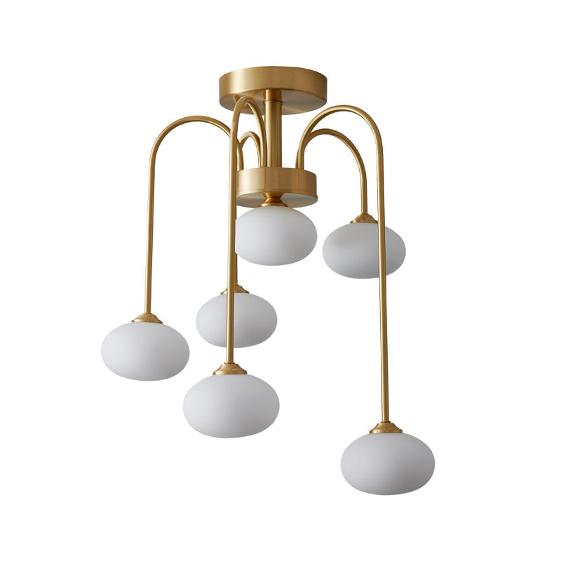 Modern Milky Glass Oval Semi Flush Gold Ceiling Mount Light Fixture with Metal Curvy Arm - 4/6 Heads